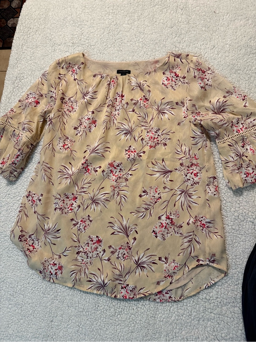 Ann Taylor Cream Floral Scoop-Neck Blouse with Pink Accents